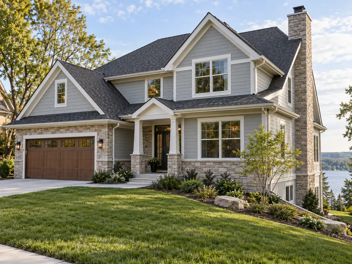 Residential exterior showing roof, siding, windows and foundation
