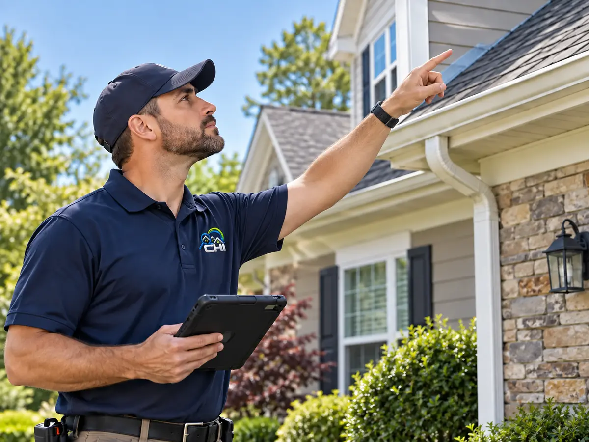 CHI inspector pointing out a home's roof and gutter details