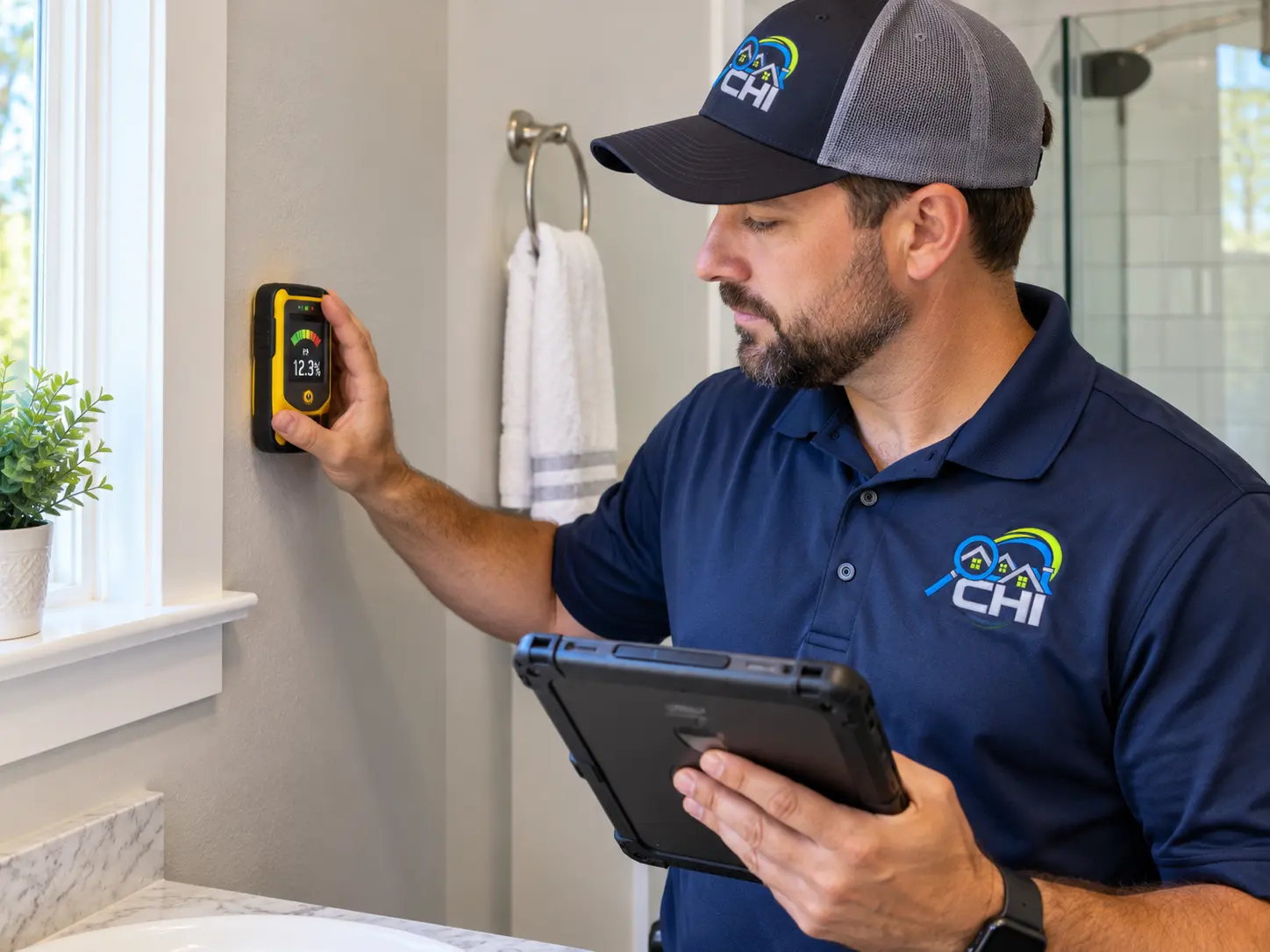 CHI inspector checking a wall with a moisture meter