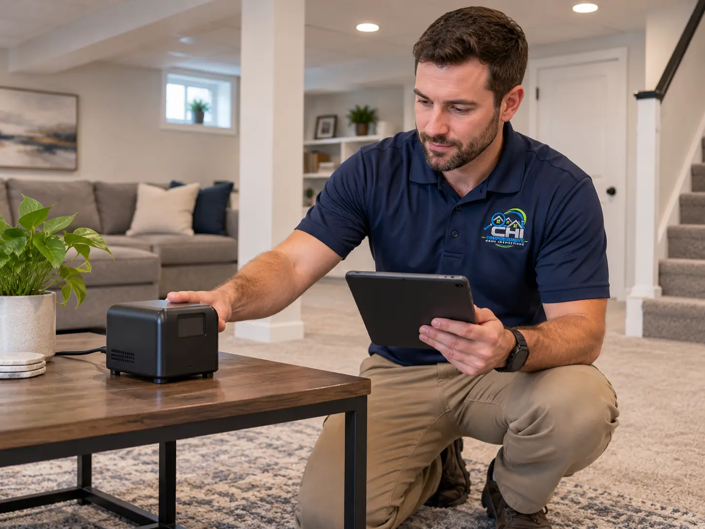CHI inspector setting up a radon monitor in a finished basement