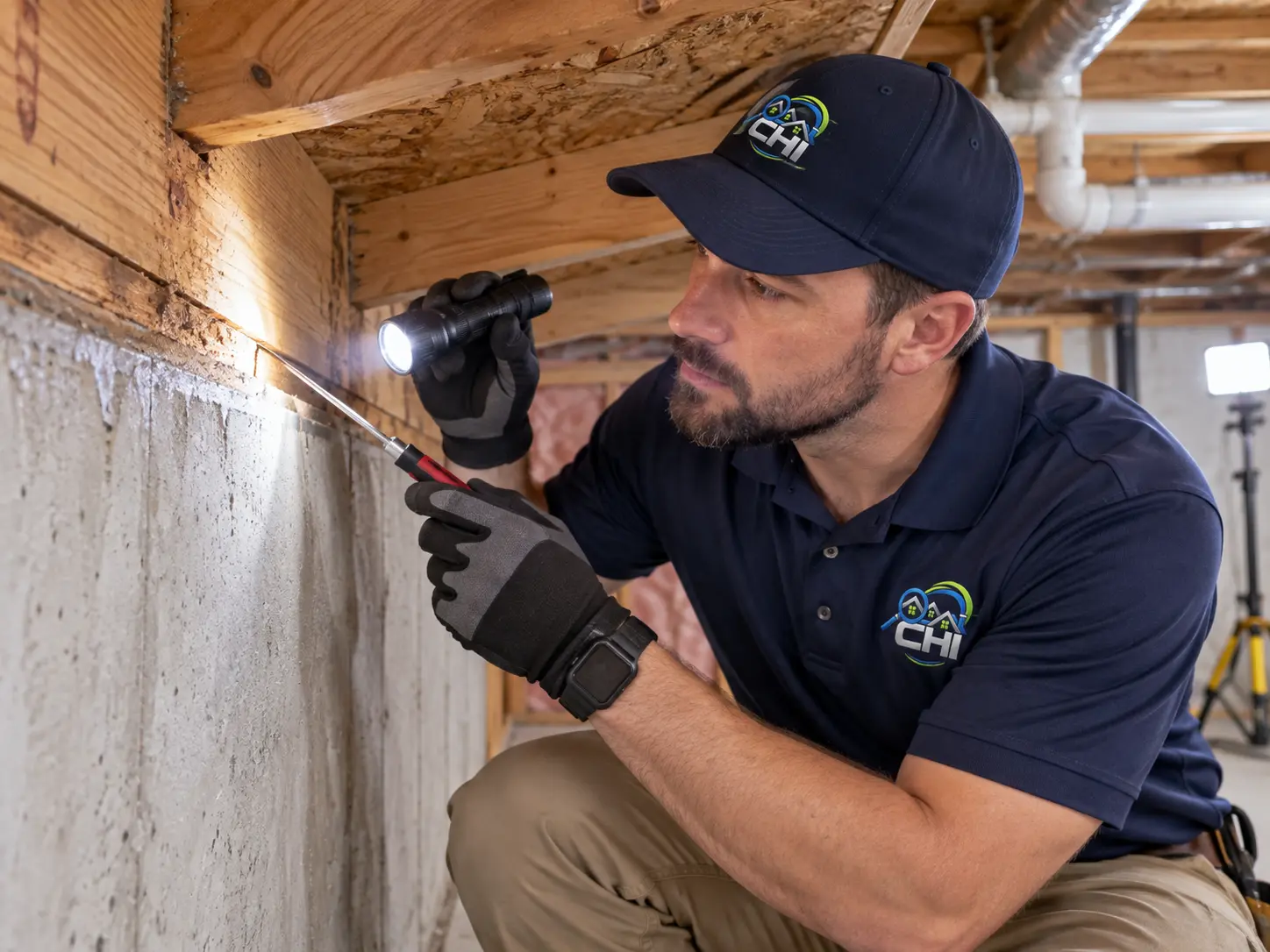 CHI inspector examining wood for termite evidence