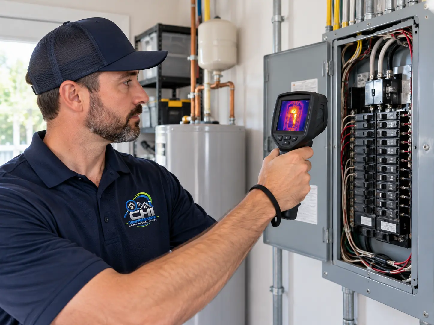 CHI inspector using a thermal camera at an electrical panel